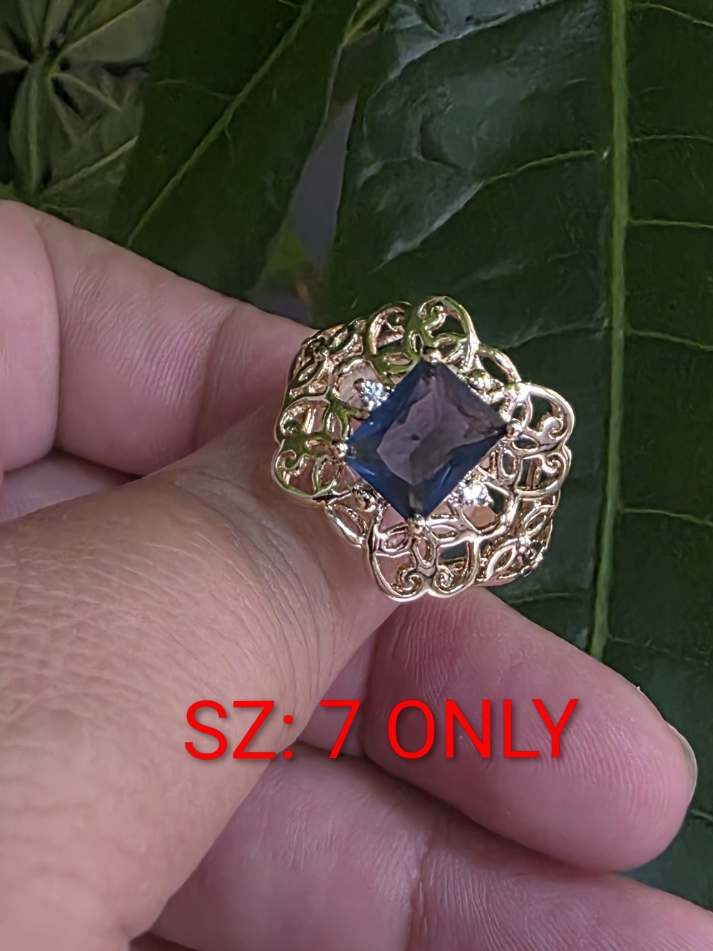 14k Gold Plated  Filigree Ring with Square Blue Stone - Size 7
